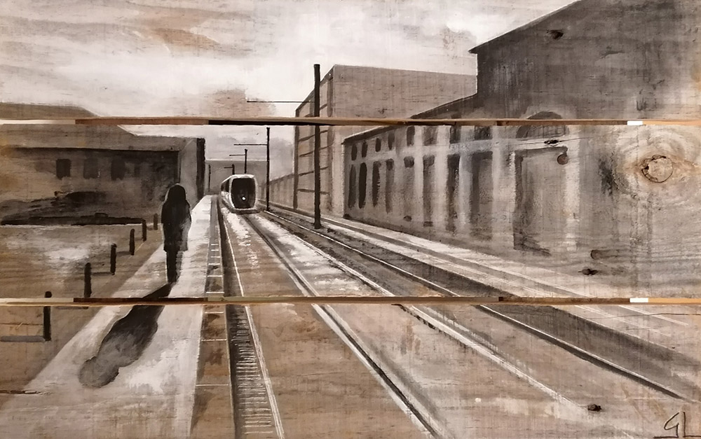 Vue perspective d'un quai de gare - peinture sur palette