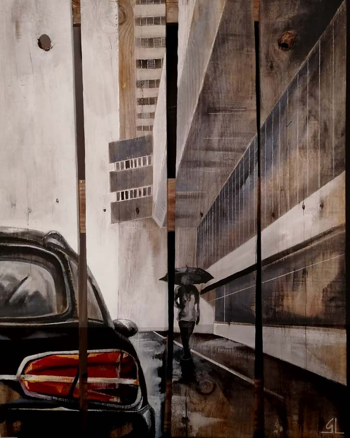 tableau sur palette de Gilles Lavie - Scène de rue