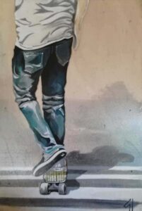 Peinture de l'artiste Gilles Lavie: skate sur passage piéton