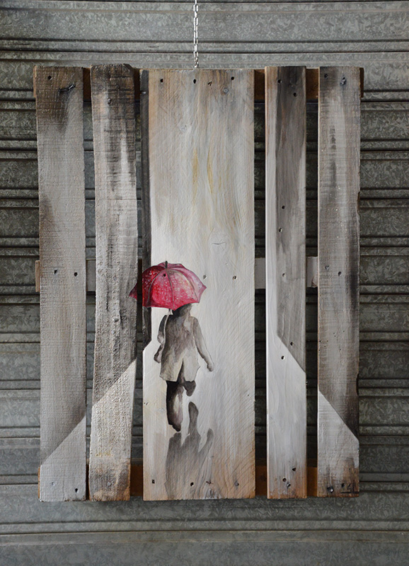 Palette peinte: marcheur au parapluie rouge