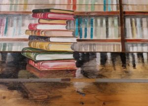 Palette peinte par Gilles Lavie : pile de livres devant une bibliothèque