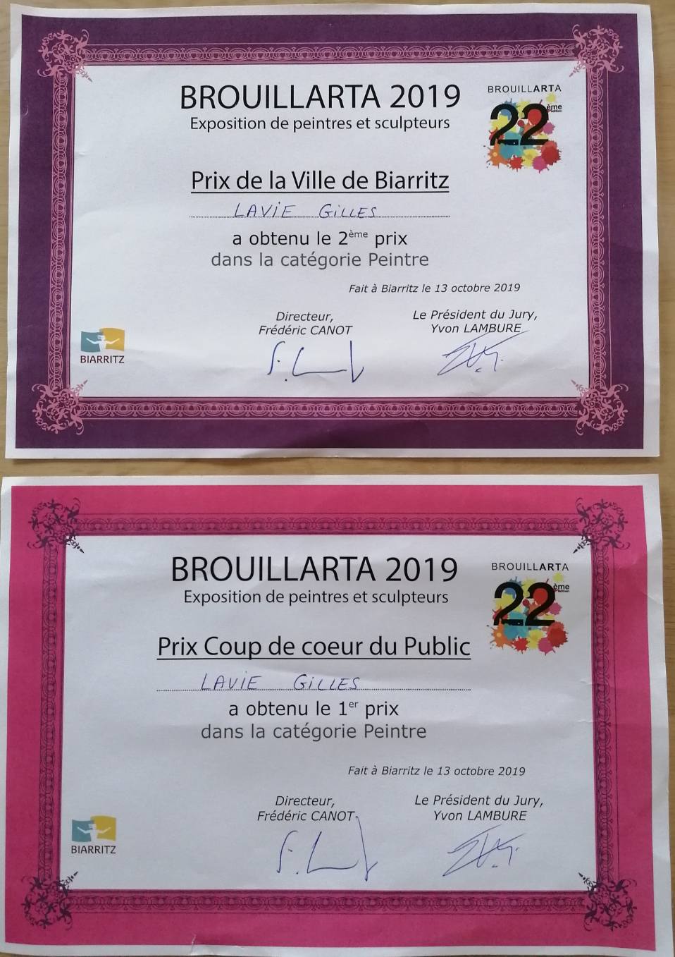 Récompenses reçues par Gilles Lavie pour l'exposition Brouillarta 2019 à Biarritz