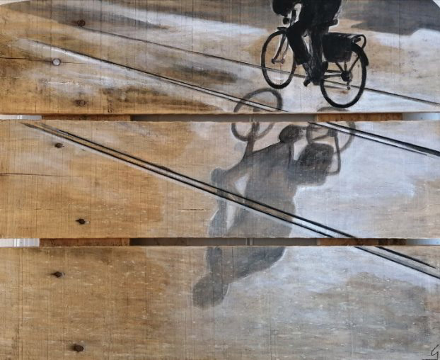 ombre de cycliste peinture sur palette par Gilles Lavie