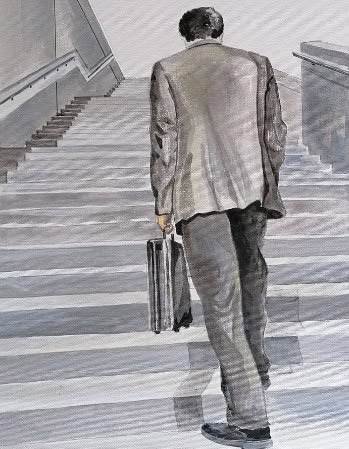 Peinture sur palette par Gilles Lavie - homme qui monte un escalier
