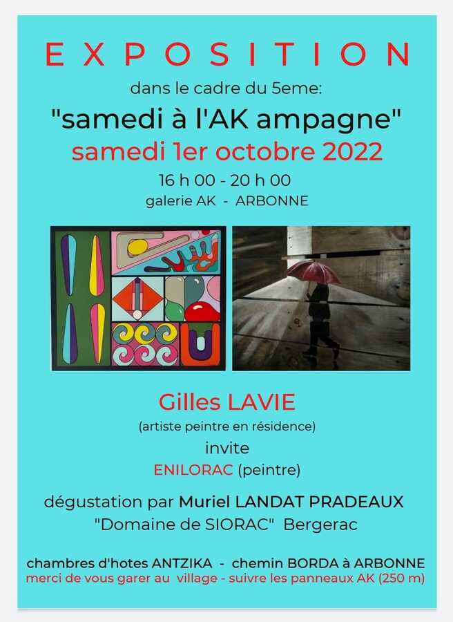 Affiche de la 5ème édition samedi à l'AKampagne de Gilles Lavie à la galerie des chambres d'hôtes Antzika à Arbonne