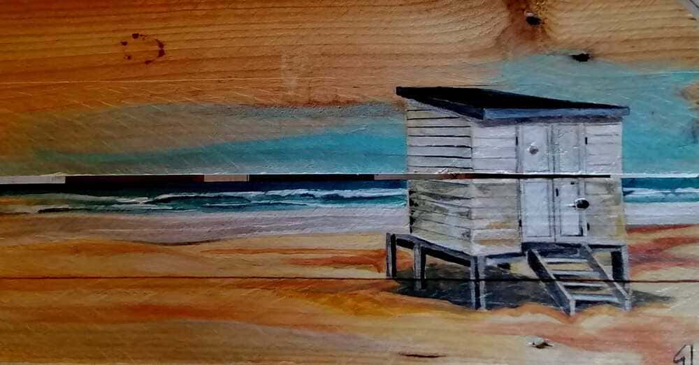 Palette peinte par l'artiste Gilles Lavie: cabane de plage