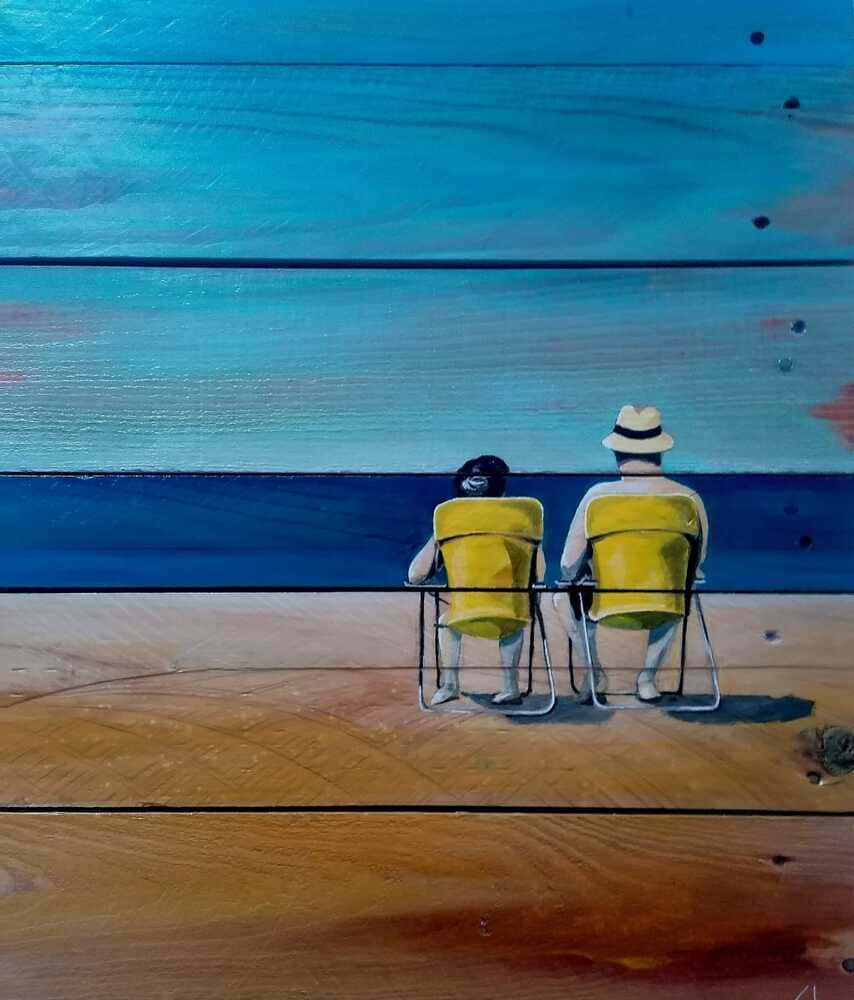 Palette peinte par l'artiste Gilles Lavie: couple assis face à la mer