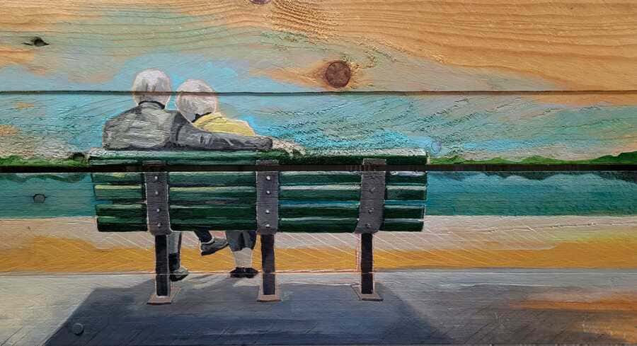 Tableau d'un couple sur un banc regardant la mer - "La tendresse"
