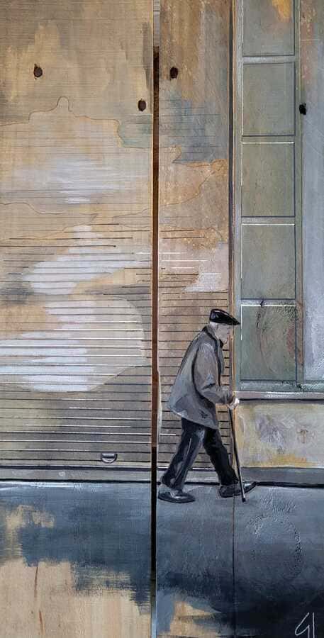 peinture d'un homme seul marchant dans les rues de Bayonne