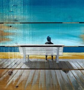 Peinture de Gilles Lavie Artist: Homme seul assis sur un banc et regardant l'océan