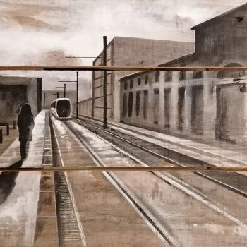 Vue perspective d'un quai de gare - peinture sur palette