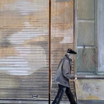 peinture d'un homme seul marchant dans les rues de Bayonne