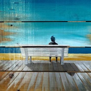 Peinture de Gilles Lavie Artist: Homme seul assis sur un banc et regardant l'océan